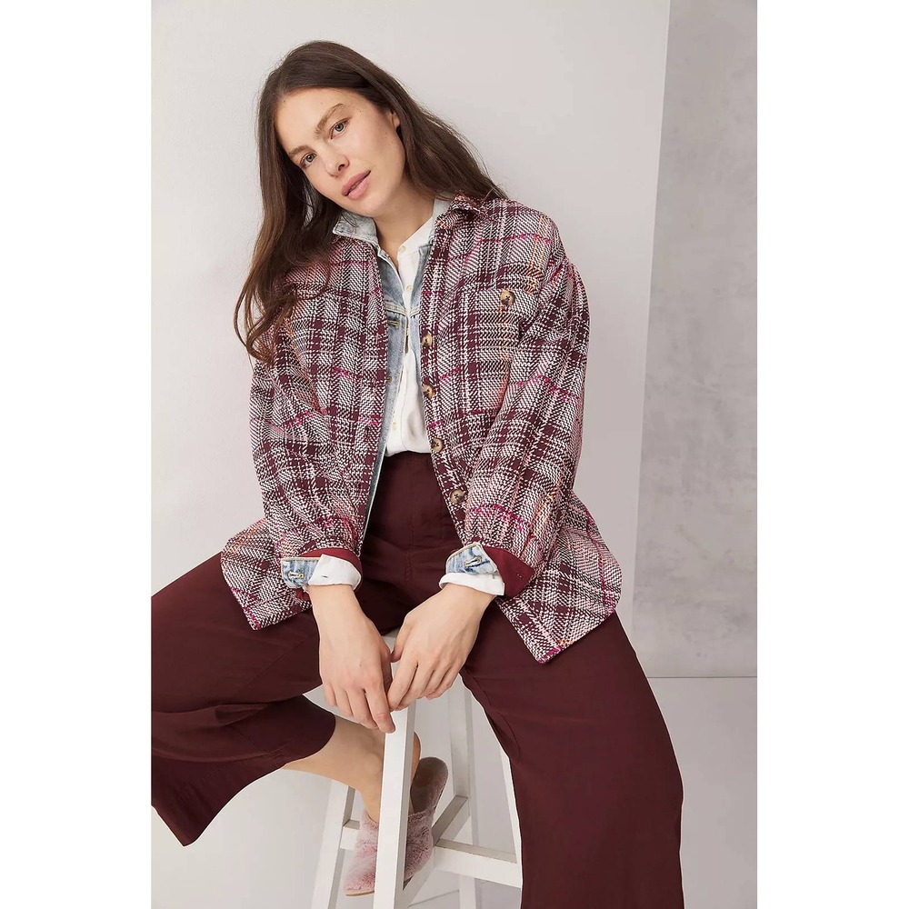 Anthropologie Hudson Plaid Shirt Jacket Pink Plaid Button Down Shacket Size M